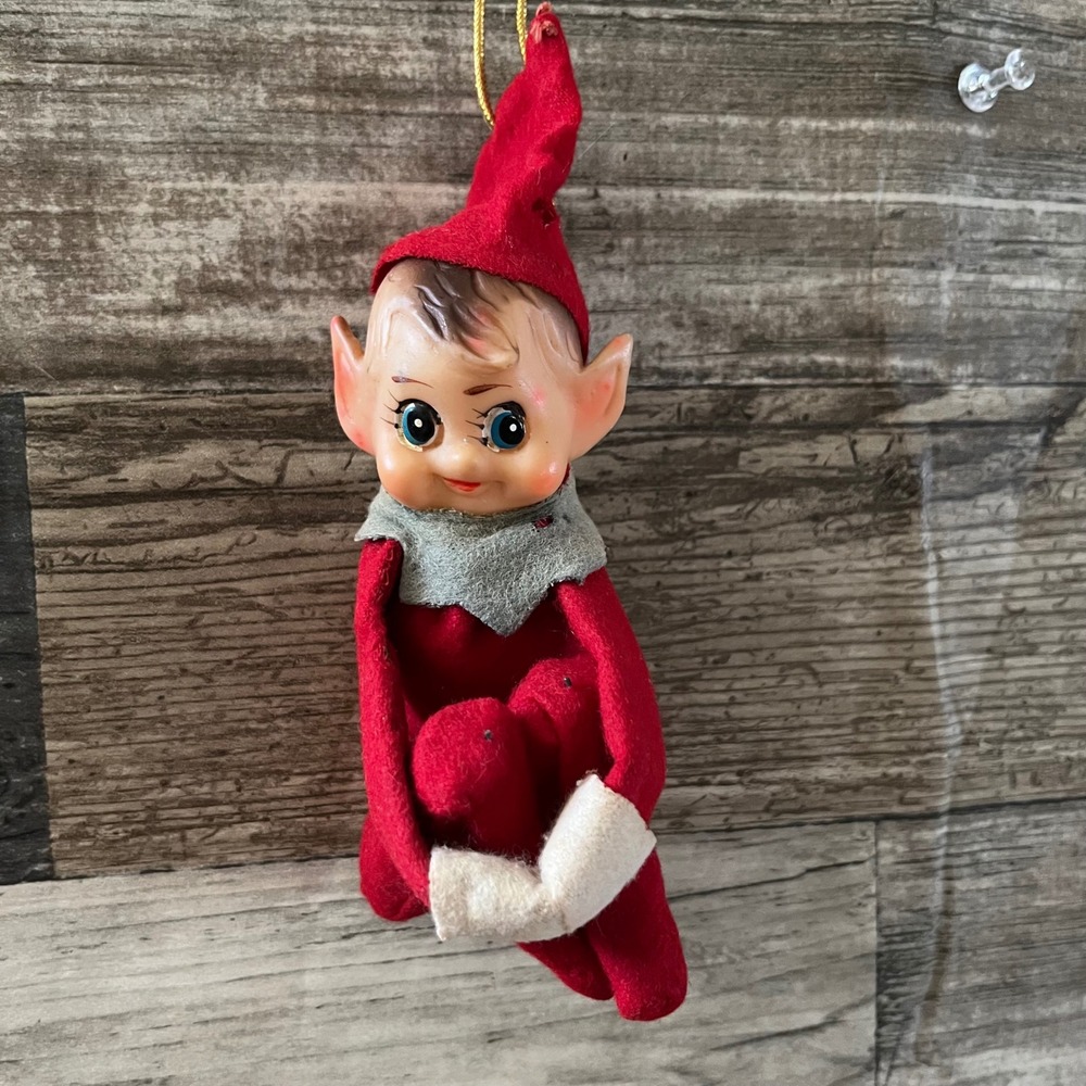 Vintage Knee Hugger Elf Christmas Ornament Red Felt Made in Japan Mid Century